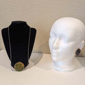 Vintage necklace and earrings set, artistic, painting, unique costume jewelry